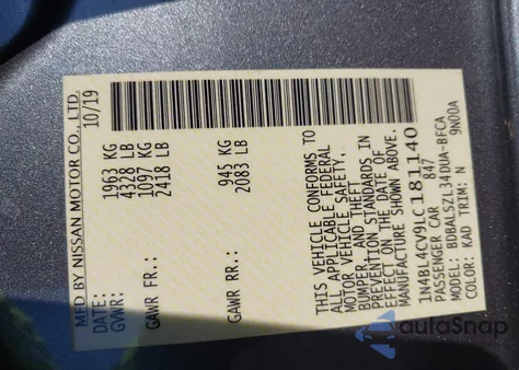 2020 Nissan Altima Sr Fwd z USA, uszkodzony, nr VIN 1N4BL4CV9LC181140